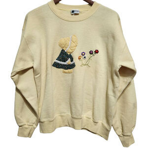 VTG 90s Prairie Girl Flowers Crewneck Sweatshirt Sz L Butter Yellow Cottagecore